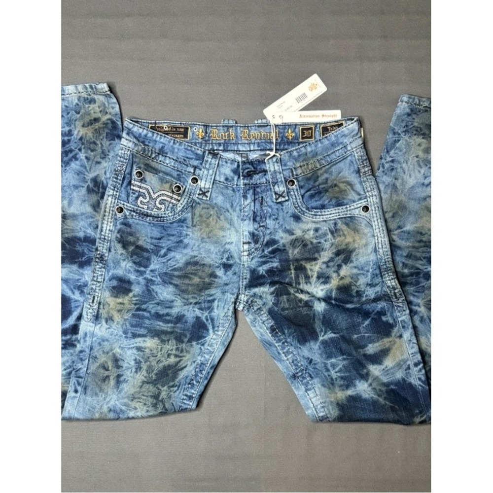 Rock Revival Teles Alt Straight Blue Tie-Dye Embellished Jeans 30/32 - Picture 2 of 9